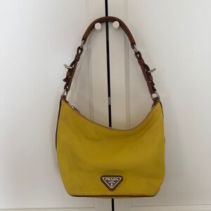 Prada Yellow Nylon Shoulder Bag with Brown Leather Strap